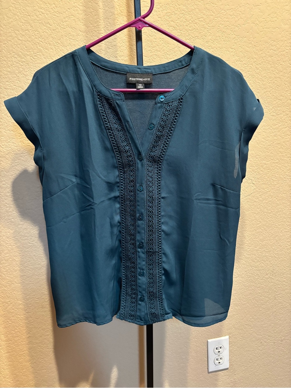 Stitch Fix - Fortune & Ivy Teal Lace-Trim Button Front Blouse
